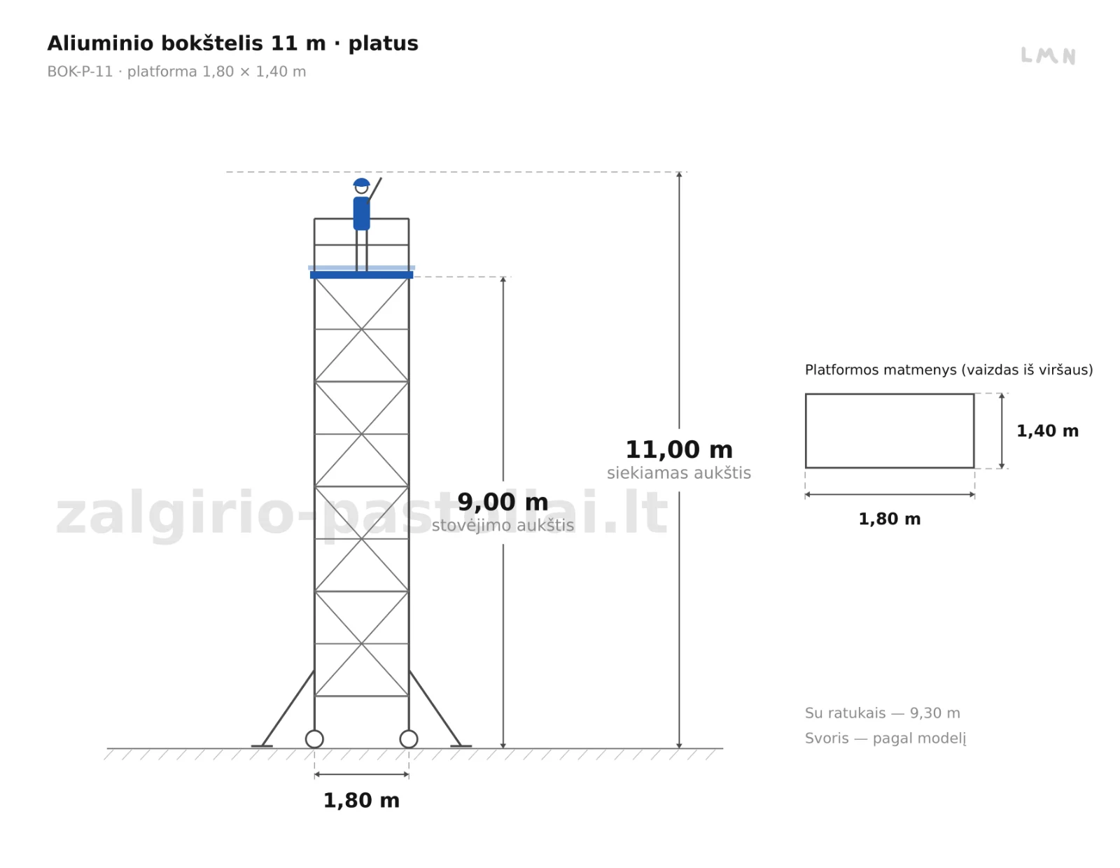 Aliuminio bokštelis 11 m · platusis