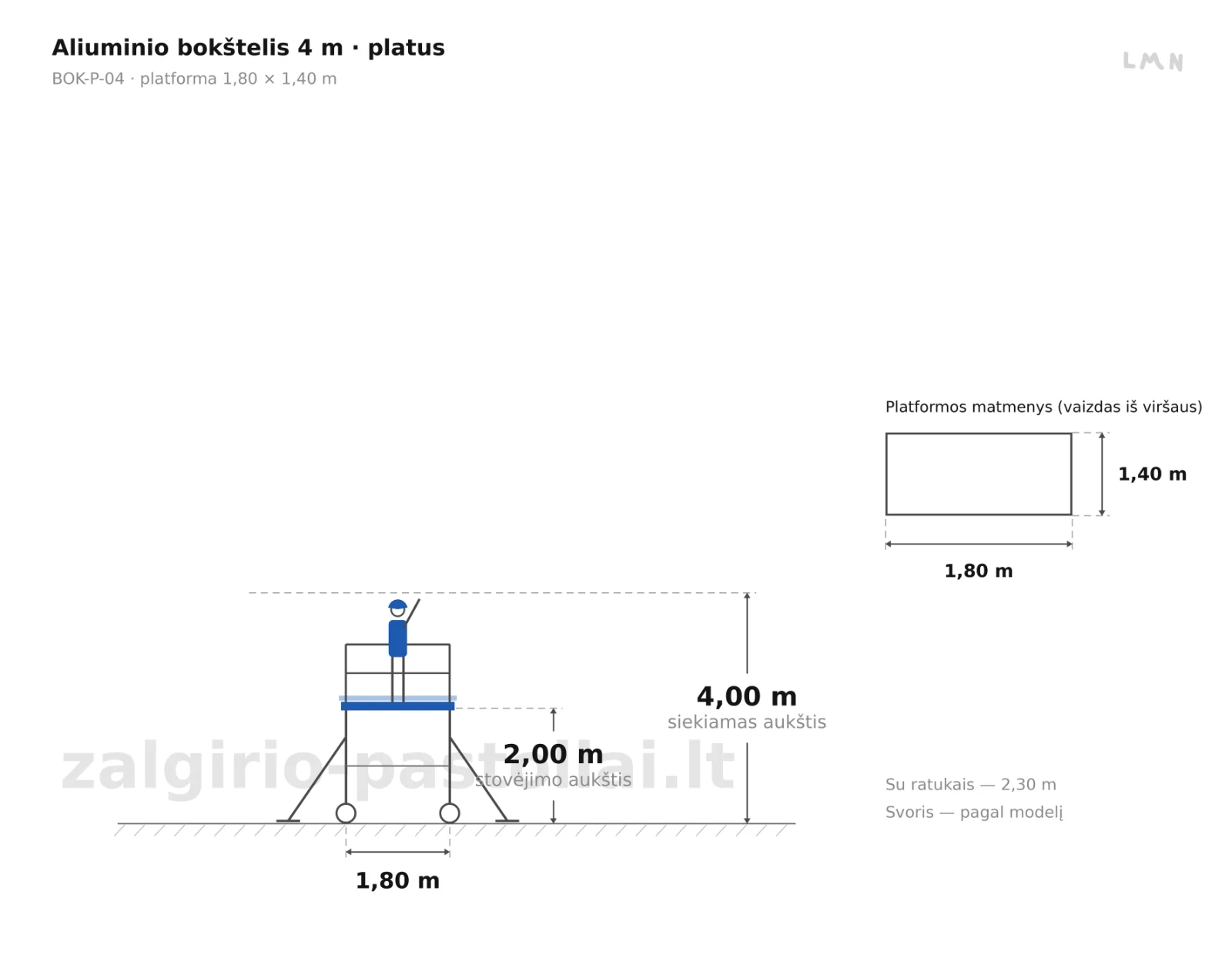 Aliuminio bokštelis 4 m · platusis