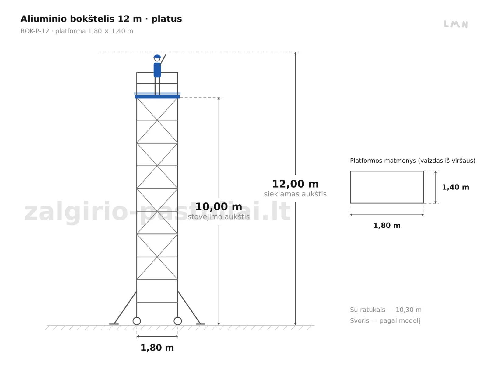 Aliuminio bokštelis 12 m · platusis