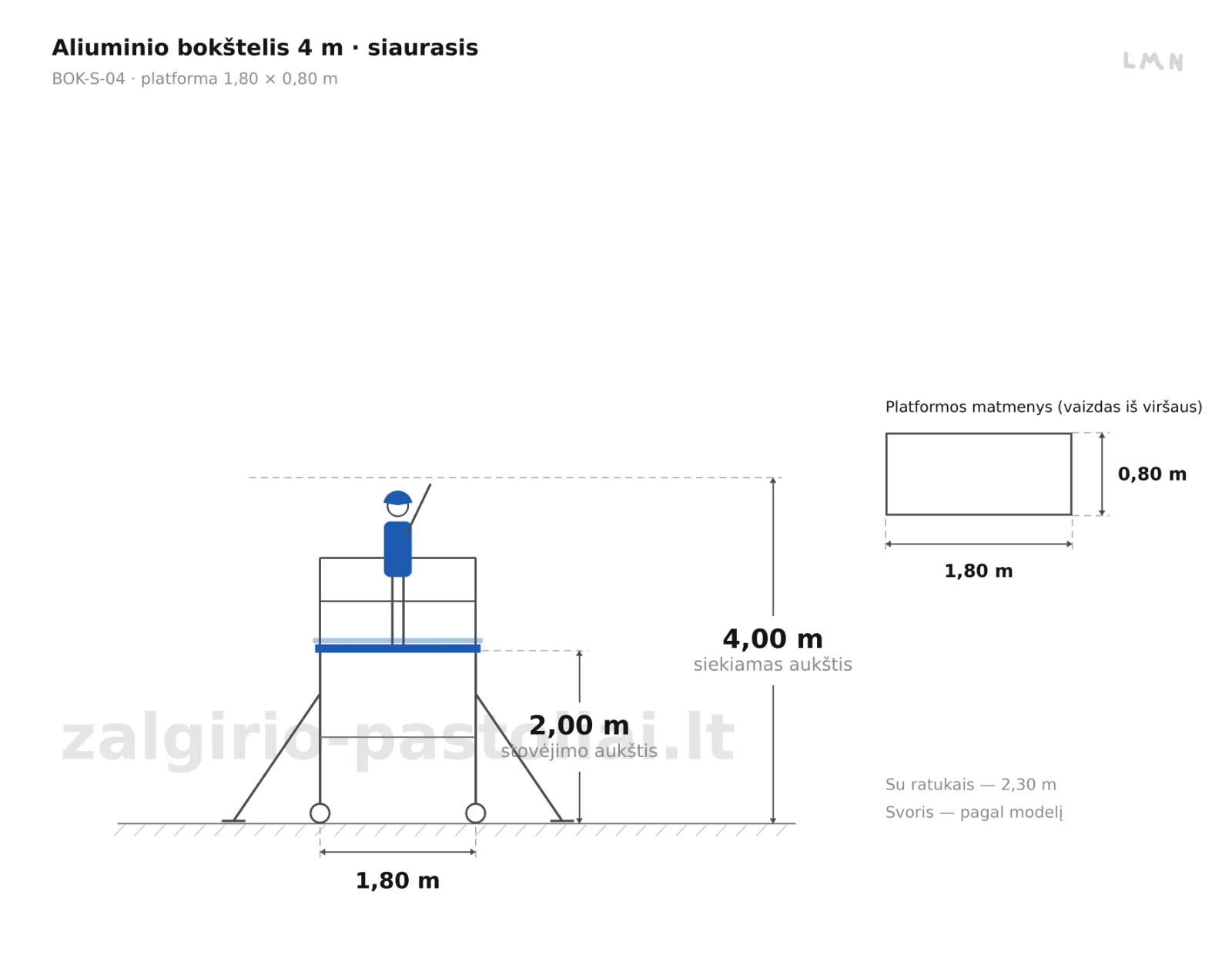 Aliuminio bokštelis 4 m · siaurasis