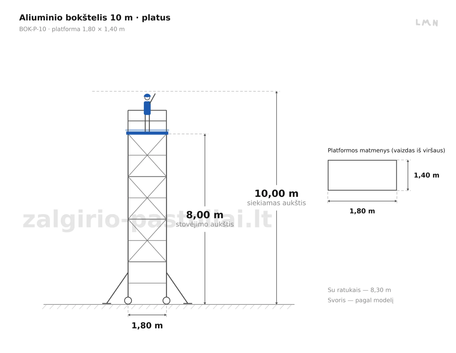 Aliuminio bokštelis 10 m · platusis